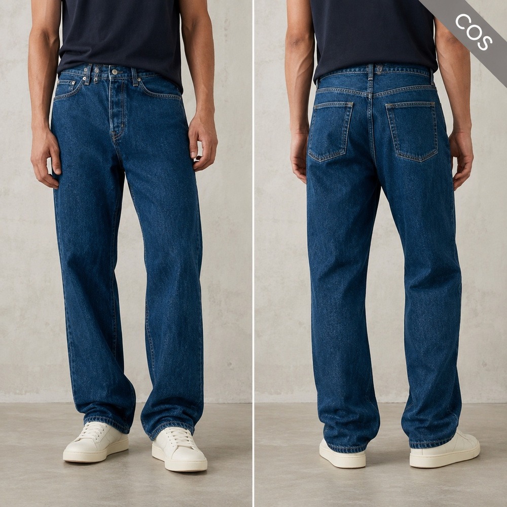 COS Jeans Straight Leg Medium Blue Denim Cotton Button Fly 33x27.5